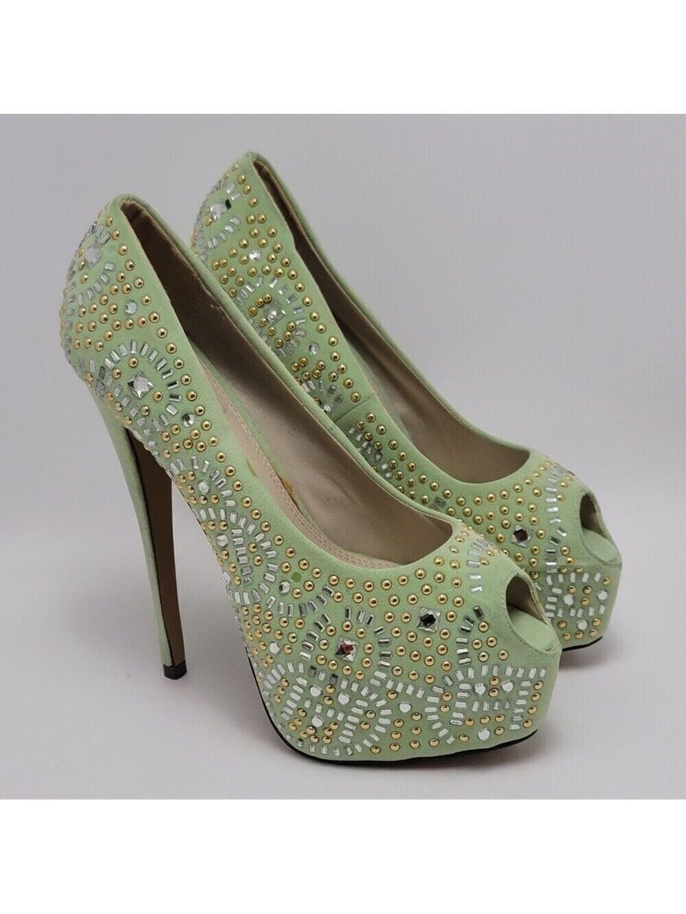 Kiss Kouture Celine Light Mint Green Peep Toe Beaded Platform Heels Size 8.5